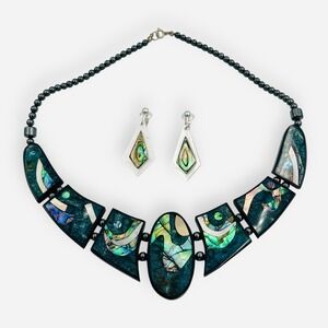 Vintage Lee Sands Inlay Mother Of Pearl Crescent Necklace Earrings Black Green